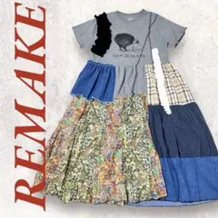 Lサイズ リメイクワンピース ロング丈 グレー 鳥プリントr0077