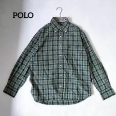 POLO チェック柄 長袖シャツ ボタンダウン ロゴ刺繍 綿 洗える L
