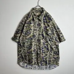 柄シャツ　半袖　総柄　アースカラー　ベージュ　マルチカラー　一点物　洗える　L