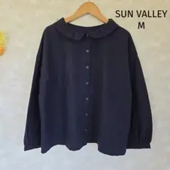 サンバレー SUN VALLEY ブラウス M ネイビー 長袖 ラウンドカラー