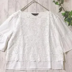 美品✨sunnyya レース刺繍ブラウス 白 38五分袖トップス 38 ホワイト