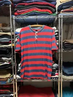 80s~90s 赤青 ストライプ ヘンリーネック Tシャツ