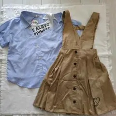 【新品】ALGYストライプ柄シャツ＆ベージュジャンパースカート 150cm