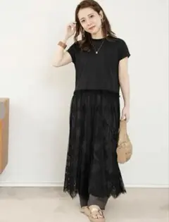 新品 しまむら yumi レース Tシャツ ワンピース ブラック