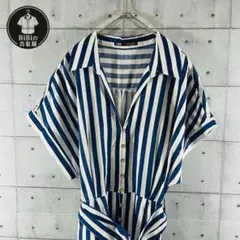 【美品】ZARA ストライプ ワンピース L　Aライン　リネンブレンド ベルト付