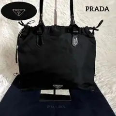 美品✨プラダ トートバッグ 巾着 縁レザー 三角プレート ナイロン 黒