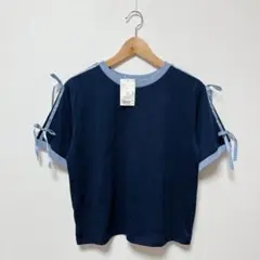 apres jour mignon ラインリボンツキTシャツ　LLネイビーブルー
