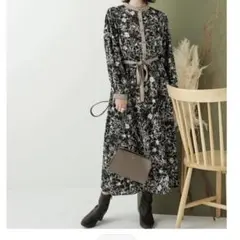 配色バンドカラーアートフラワーワンピース