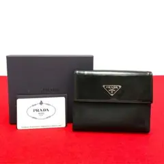 極 美品 保存箱 カード付き プラダ レザー 二つ折り 財布 折り財布 ブラック