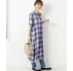 リネンチェックスキッパーマキシワンピース　アーバンリサーチサニーレーベル　麻混