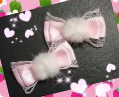 リボンヘアクリップライトピンクホワイトファー量産型ロリータ