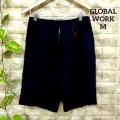 グローバルワーク ハーフパンツ(M)麻混 ネイビー フロントホック ベルト通し