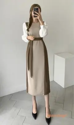 新作❤️ レディース バイカラー 長袖 ロングワンピース 秋 冬