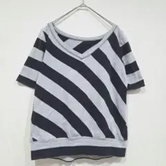 イマージュ　ボーダーTシャツ　Vネック　M　綿100%　ブラック×グレー　半袖