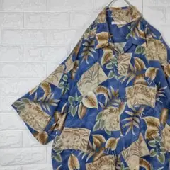 総柄 レーヨン 半袖シャツ ボタニカル アロハ ブルー 2XL