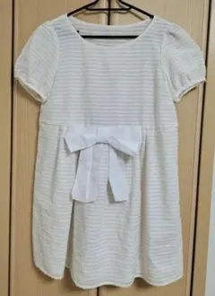 【匿名配送】レディース　トップス　チュニック　半袖　リボン　白　可愛い　夏