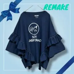 R27【古着 リメイク】半袖 Tシャツ フリル カットオフ 大きめ ネイビー