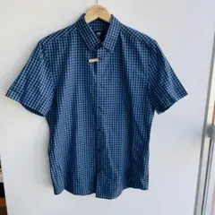 H&M　半袖シャツ　青黒チェック　メンズ　M イージーアイロン