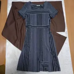 simplicité ストライプ半袖ひざ丈ワンピース Mサイズ