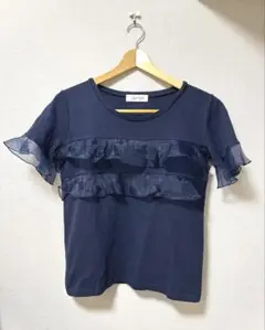 フリル袖 ネイビー Tシャツ　シフォン