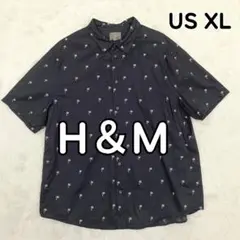 エイチアンドエム 半袖シャツ 総柄 ヤシの木 刺繍 紺色 メンズ US XL