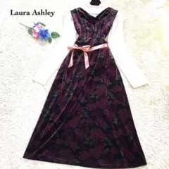 美品✨ローラアシュレイ ロングワンピース ベロア ストレッチ 薔薇♡ブラック L