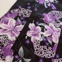 浴衣 夏着物 上品な花柄 黒地に紫 木綿 夏物 T-8819