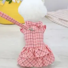 犬服犬の服ペット猫チェックハーネスワンピースリード付きセットピンクM