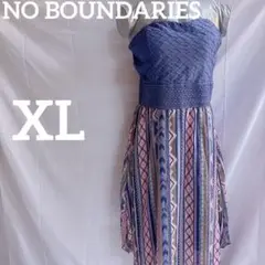 美品⭐️NO BOUNDARIES【XL】ベアトップワンピース　紺　エスニック柄