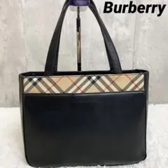 美品 バーバリー ハンドバッグ カーフレザー ノバチェック ロゴプレート 黒色