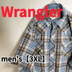 Y452【Wrangler】半袖チェック柄シャツ【3XL】ブルー