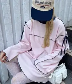 WC WEGO ショルダー　リボン　メロウ　ワッフル　ロンT　ピンク