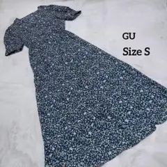 GU ジーユー 半袖 ロングワンピース 薄手 花柄 総柄 黒 S