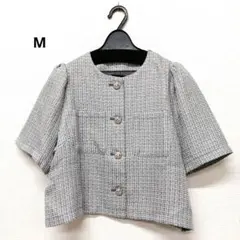 ノーカラー半袖ショートジャケット グレー系　159