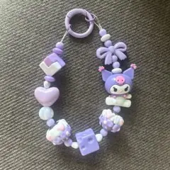 パープル キャラクター付きビーズストラップ