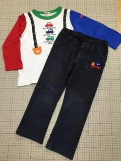 男の子向け 車柄 長袖Tシャツu0026裾折り返し車柄ストレッチデニムパンツ上下セット!
