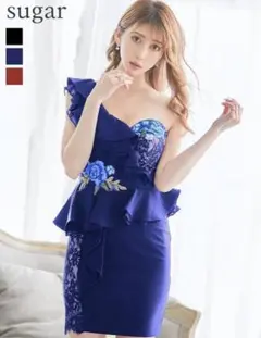 ❖新品未使用❖IRUMA高級ワンショルダー花刺繍レースデザイン青ドレス