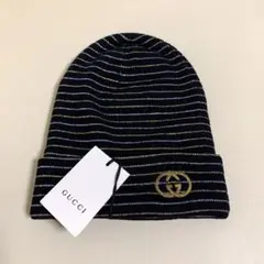 GUCCI ブラック ニット帽 GGロゴ 21cm GUCCI /グッチ】 GGプレート付ニット帽 NEW PORT 国内即発
