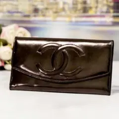 CHANEL シャネル エナメル 長財布 ベタ無 財布 5番台 ブラック