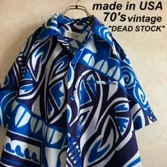70's USA製 デッドストック ポリエステルアロハシャツ 青 L