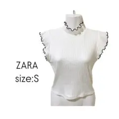 ZARA ショートスリーブ　リブ　トップス　フリル　ホワイト　S