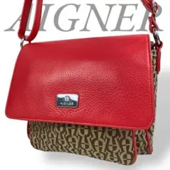 AIGNER アイグナー ショルダーバッグ レッド 本革 キャンバス 総柄