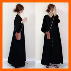 【d25】ロングワンピース マキシ丈 ラインVネック ブラック 210002