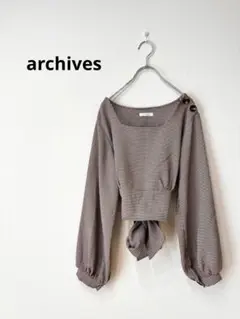 【美品】archives アルシーヴ　千鳥柄肩ボタンバックリボントップス