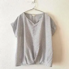 ☆【ハッシュアッシュ】ブラウス ストライプ柄 裾タック Vネック 異素材 M