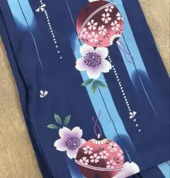 浴衣単品　紺地　綿　花柄　桜　うちわ