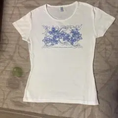 青い花柄プリント ホワイトトップス