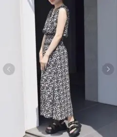 w closet シフォンフラワープリントノースリーブワンピース ブラック F
