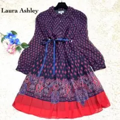 美品✨ローラアシュレイ プリーツワンピース 金ボタン 花柄♡ペイズリー M L