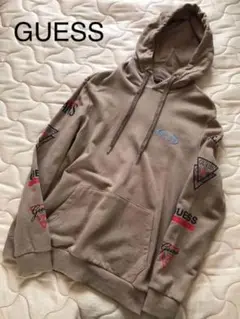 GUESS ゲス パーカー ロゴ入り ブラウン フーディ 柄入り